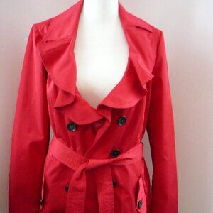 Sandro Studio Red Ruffled Neck Double Breasted Coat Blazer Tie Belt Size-Medium